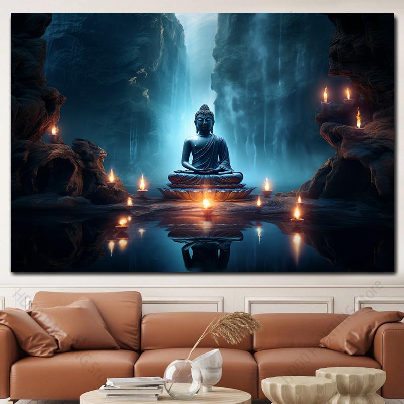 Buddha Statue Canvas Painting Buddah Statue and Candles Posters and Prints for Living Room Religious Wall Decor Unframe