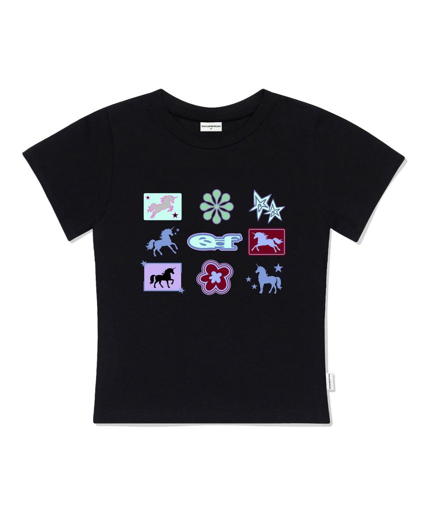 ESCAPEFROM Unicorn Bingo Print Slim Fit Short Sleeve T-Shirt Black