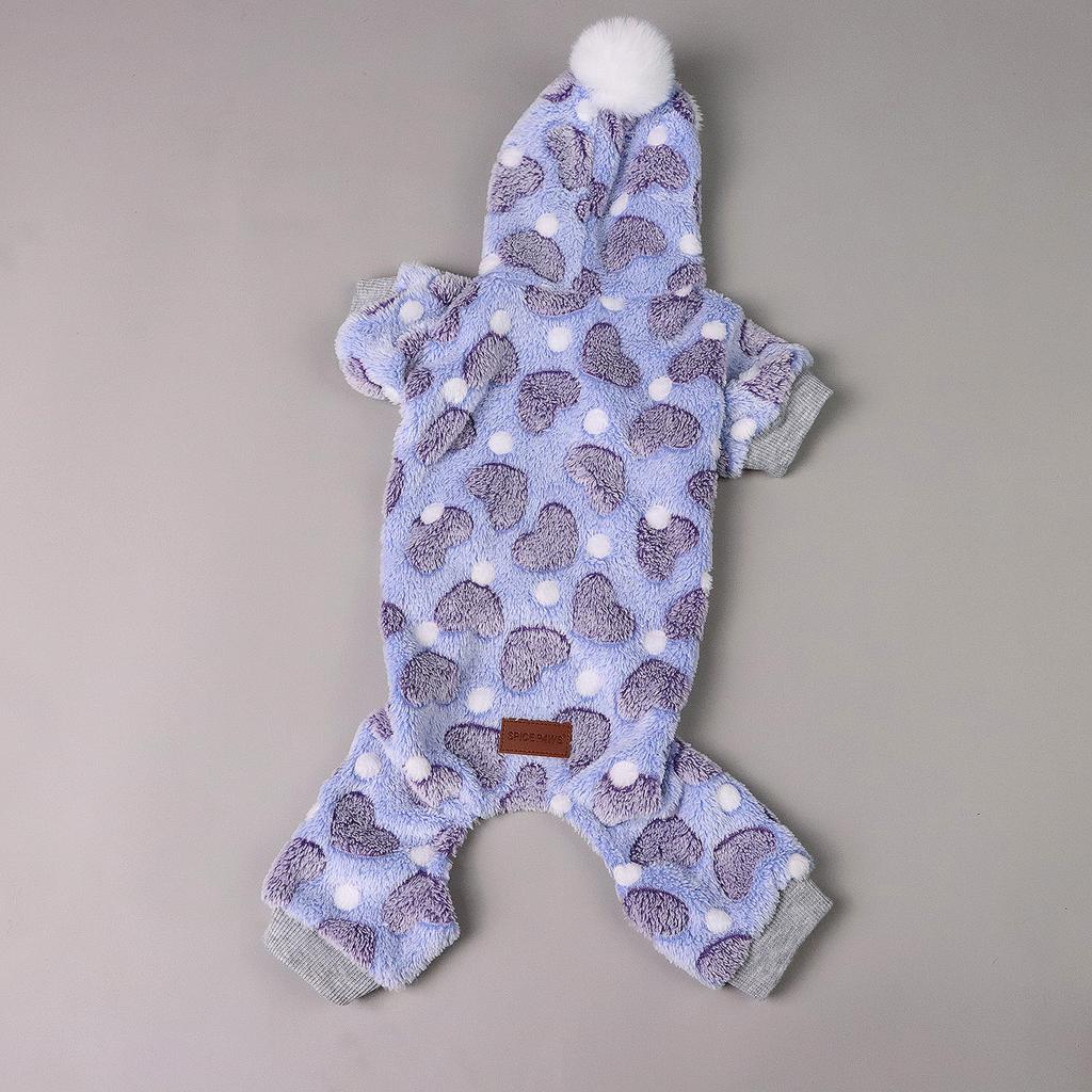 Plush Dog Pajamas for Small Dogs Girl Winter Warm Puppy Heart Pjs Fleece Clothes Sweater Outfit Dog with Fuzzy Pompom Pet Onesie