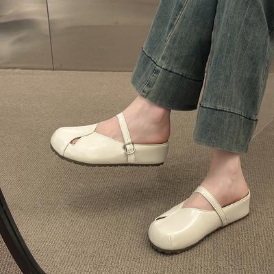 Модная обувь на квадратном каблуке, женская, 2025 год, новинка, поздний вечерний стиль, корейская версия, квадратный носок, мелкий вырез, ремешок с пряжкой, туфли-шлепанцы с закрытым носком