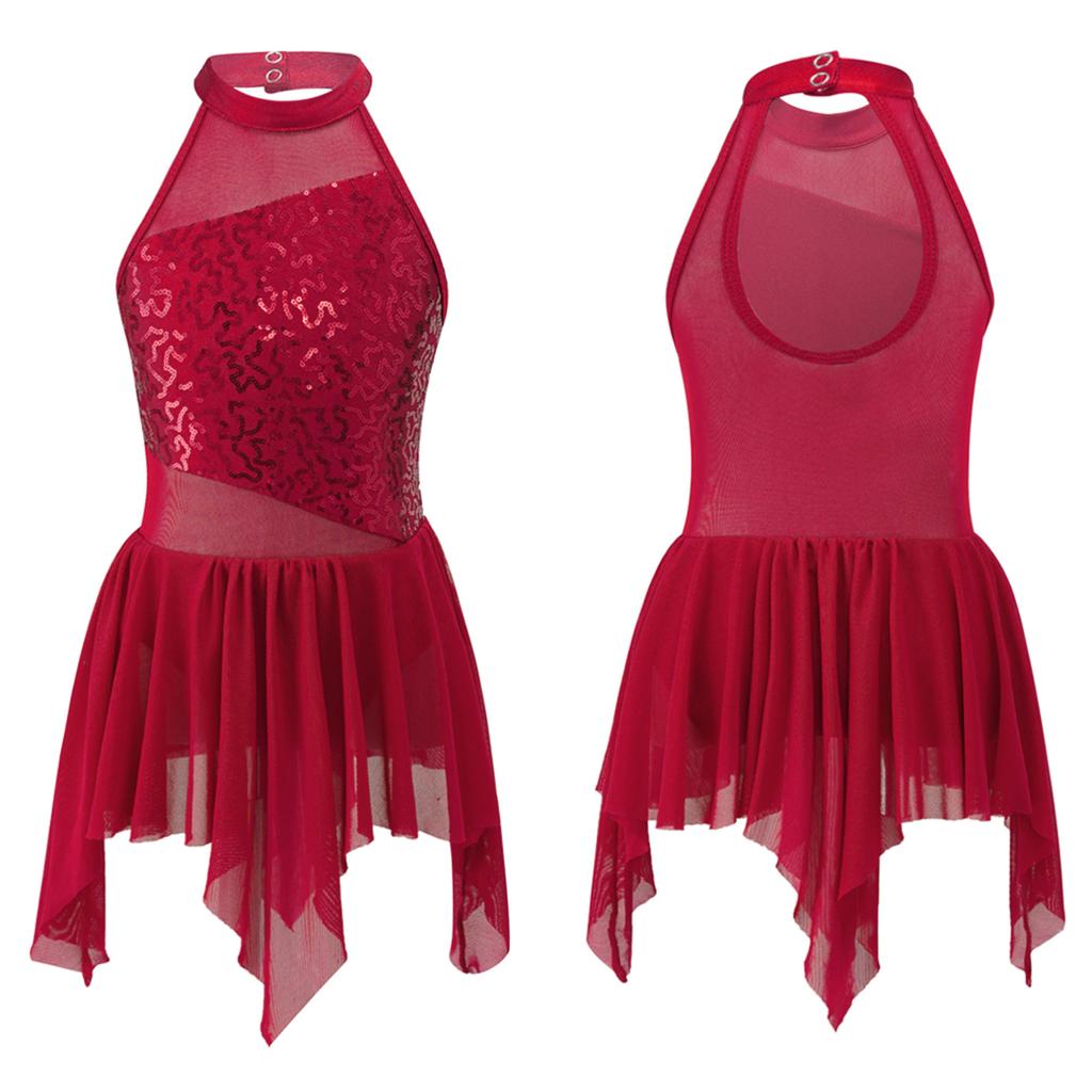 Kids Girls Sleeveless Shiny Sequins Asymmetrical Hem Ballerina Lyrical Modern Dance Leotard Dress