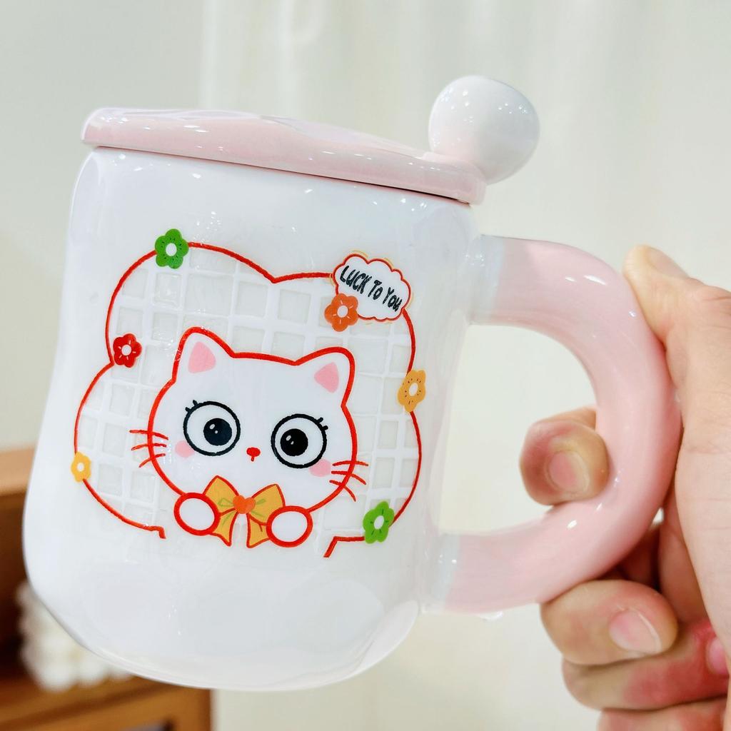 Cat Cup Household Set High Temperature Resistant Water Cup with Lid Spoon Cartoon Mug High Appearance Large Capacity Ceramic Cup