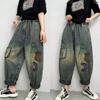 Женские повседневные джинсы галифе с высокой талией свободного кроя в винтажном стиле, джинсовые брюки с вышивкой буквами
