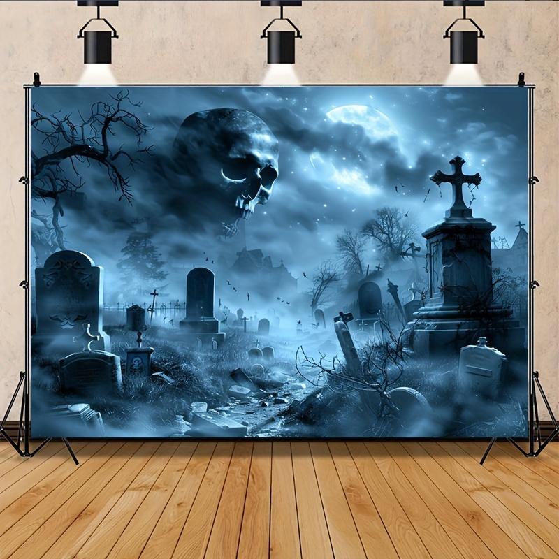 1 piece of Halloween background fabric - - - Horror cemetery scene, featuring skeletons, zombies, vampires, clowns, and ghosts