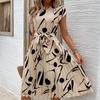 Women's Autumn Winter Temperament Lace Up Print High Waist Long Sleeve Pleated Dress