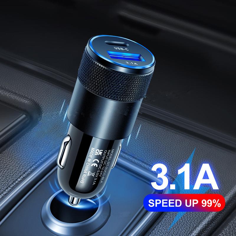 Type C Usb 2 Port Car Charger Phone Charger 3a Fast Charging 12v 15w Lighter Adapter Power Outlet For Iphone Samsung