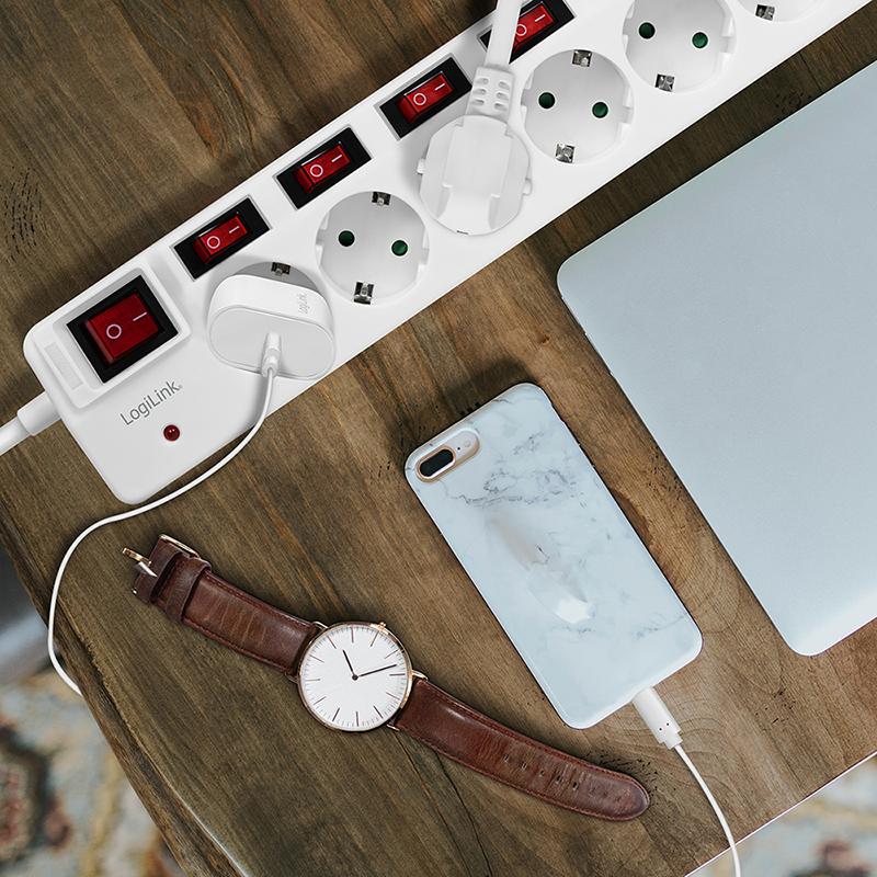 LogiLink 6-socket power strip, 1.5m, 7 switches, surge protector