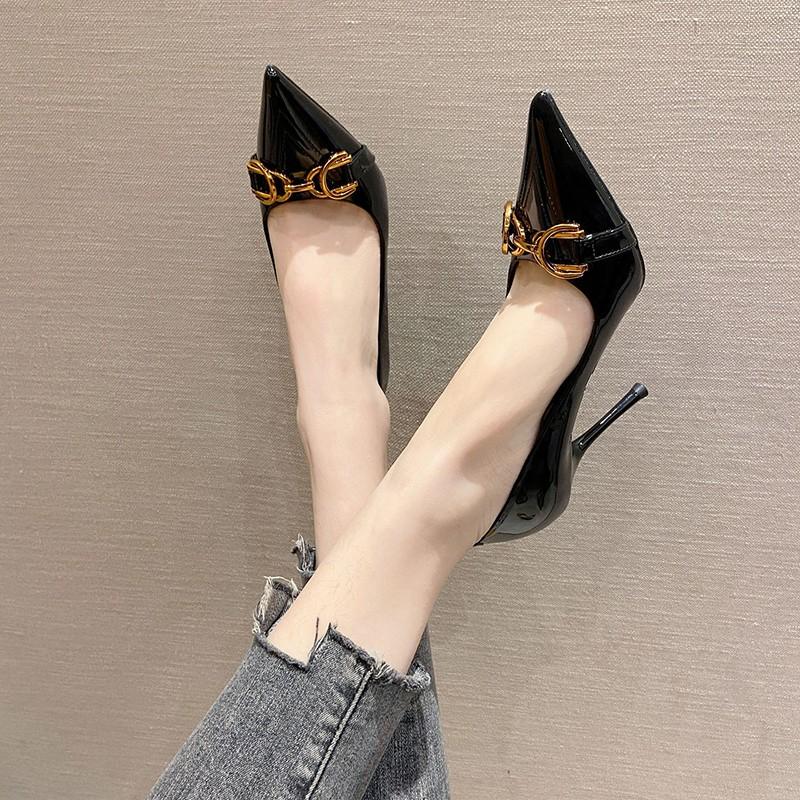 Fashion Metal Buckle Slip-on High Heels Autumn New Pointed Toe Shallow Mouth Anti-slip Wear-resistant Stiletto Shoes