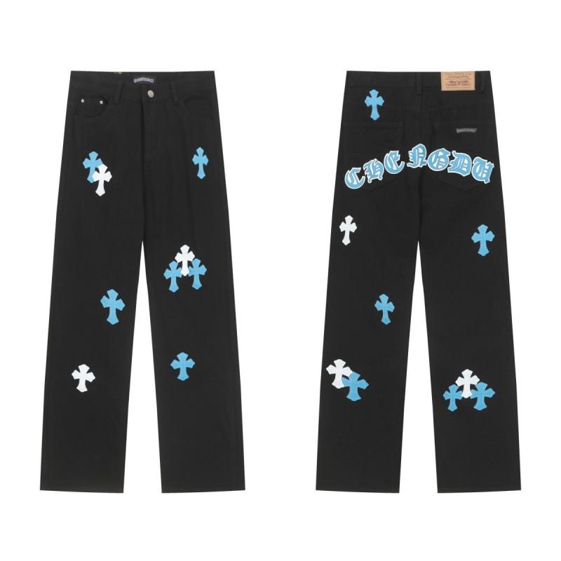 Джинсы AmiriCH из стираного потертого денима с вышитой нашивкой-крестом Streetwear Прямой крой Мужские