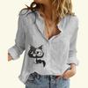 Women Fashion Cotton Linen Shirt Cat Print Long Sleeve Top Ladies Casual Buttoned Blouse