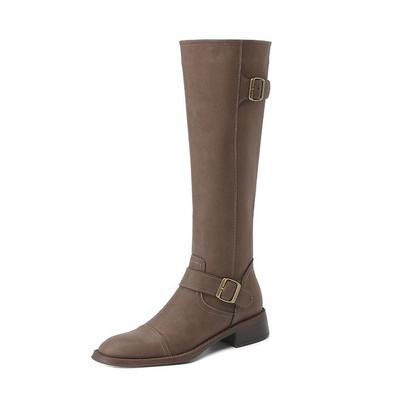 Обувь из натуральной кожи осень-зима на среднем каблуке, сапоги для верховой езды с круглым носком, сохраняющие тепло, высокие сапоги с металлической пряжкой