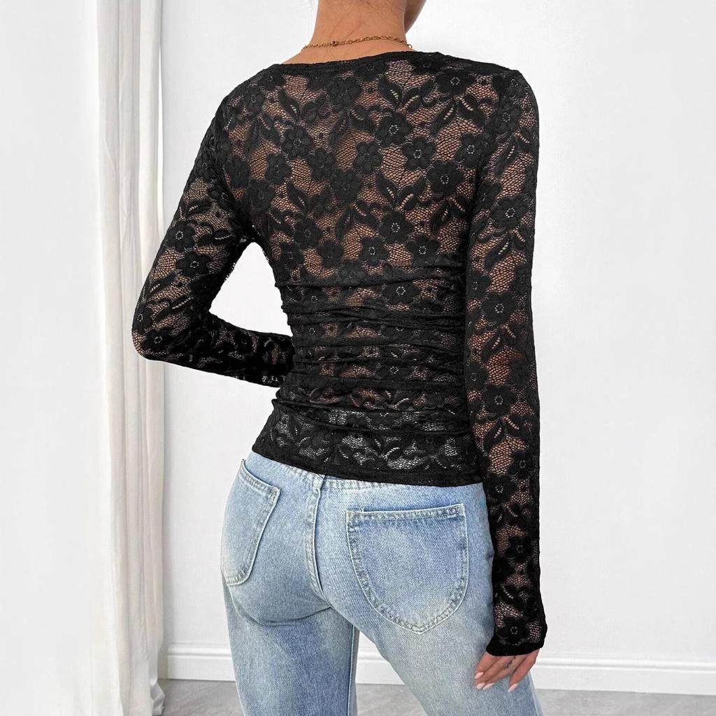 Women's Lace Floral Square Neck Ruffled Design Long-sleeved T-shirt Tops Women Versatile Closet Essential Fashion Items Shirt