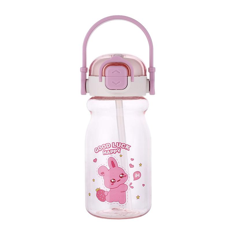 Water bottle Large capacity cartoon children's plastic water cup Cute straw cup Student kettle Portable outer belt Drop-resistant drinking water