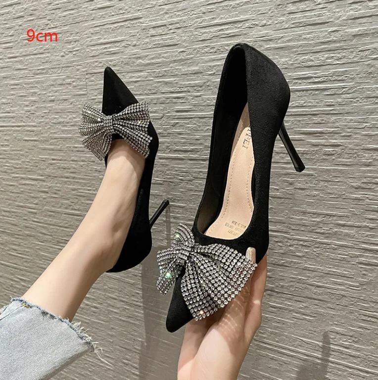 Fashion High Heeled Shoes for Women In South Korea Bow Knot Rhinestone Single Shoes 2024 New Pointy Fashion High-heeled Shoes for Women