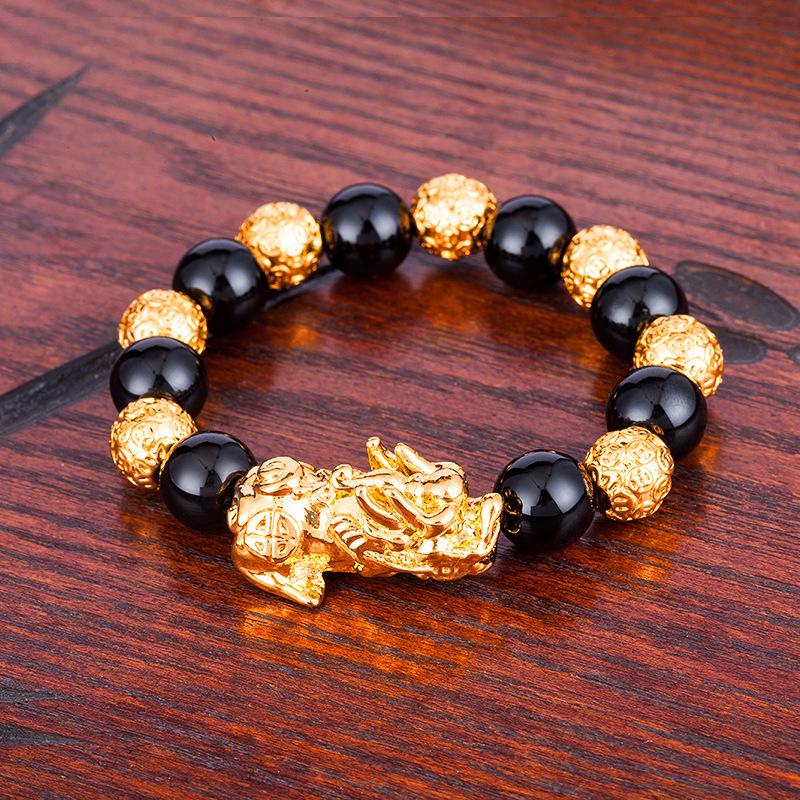 Agate Pixiu Bracelet with Mantra Beads - Gold-Plated Beaded Bracelet for Men and Women