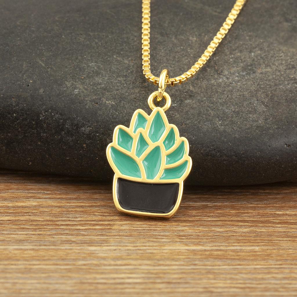 Nidin New Trendy Succulent Plant Potted Pendant Necklace For Women Female 3 Colors Choice Enamel Drip Oil Daily Party Jewelry