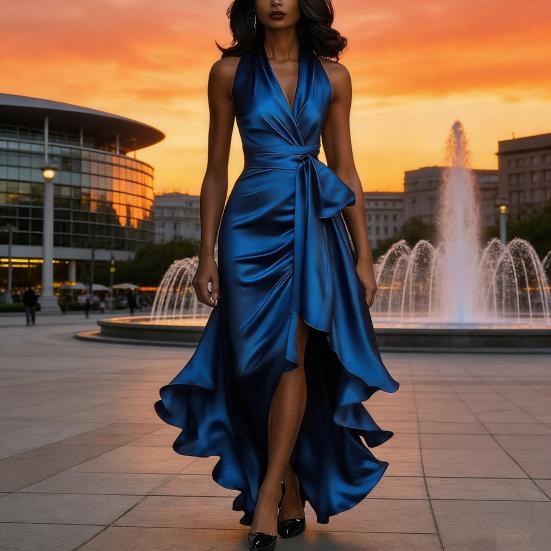 Женское атласное платье миди с оборками, высоким низом, без рукавов, с V-образным вырезом, халтер, завязкой на талии, для выпускного вечера, гостя на свадьбе, вечеринки, коктейля