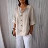 Summer New Loose T-shirt Women's V-neck Cotton Hemp Button Top