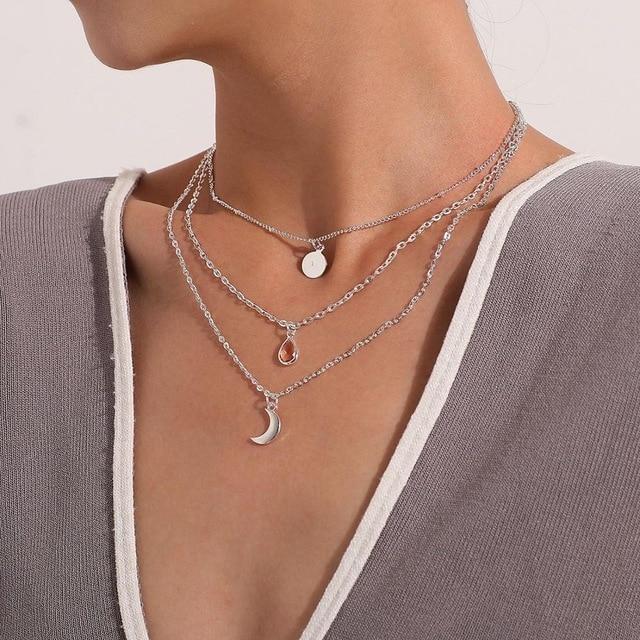 Vintage Bohemia Gold Coin Letter Layered Chain Necklace For Women Shell Pearl Moon Long Choker Collar Pendant Butterfly Necklace