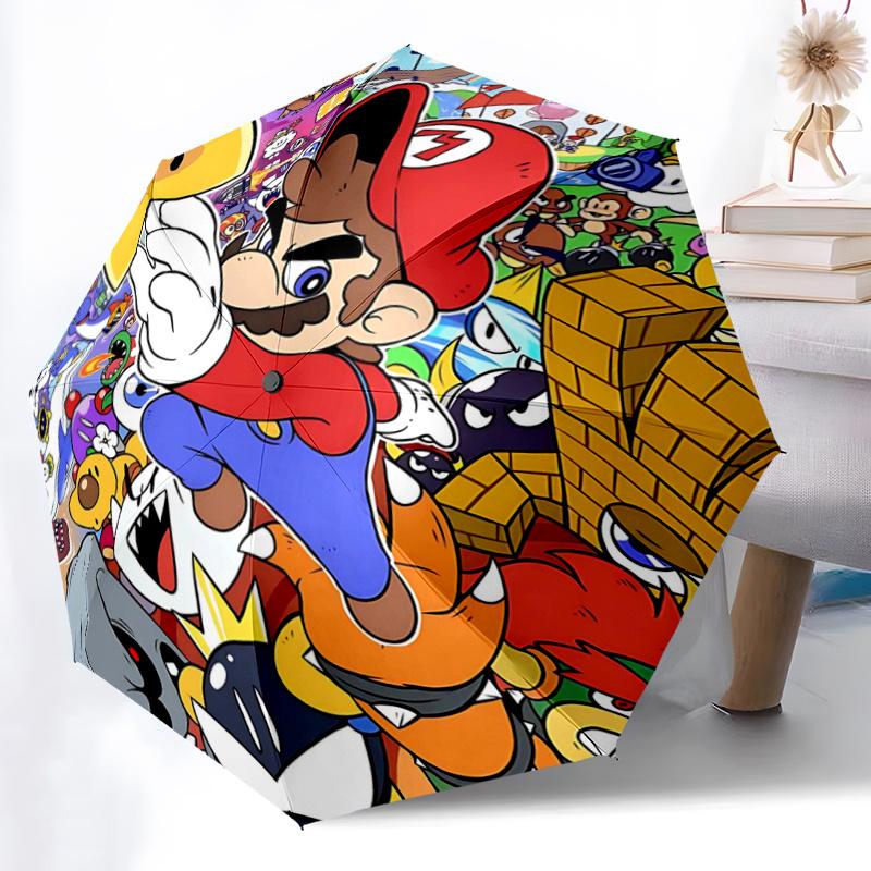 1pc Colorful Journey Super Mario Adventure Automatic 3-Fold Cartoon Practical Umbrella Design, Cute Cartoon Pattern, Portable Outdoor Umbrella, Perfec