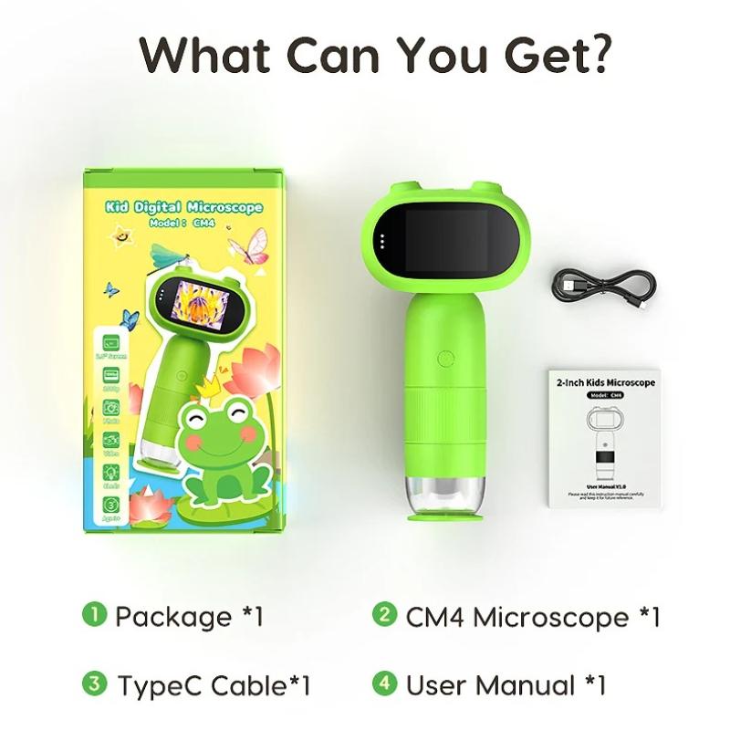 CM4 1000X Handheld Digital Microscope with 8 Leds 1080P Kids Microscope with 2'' IPS Screen for Children Experiment PC View