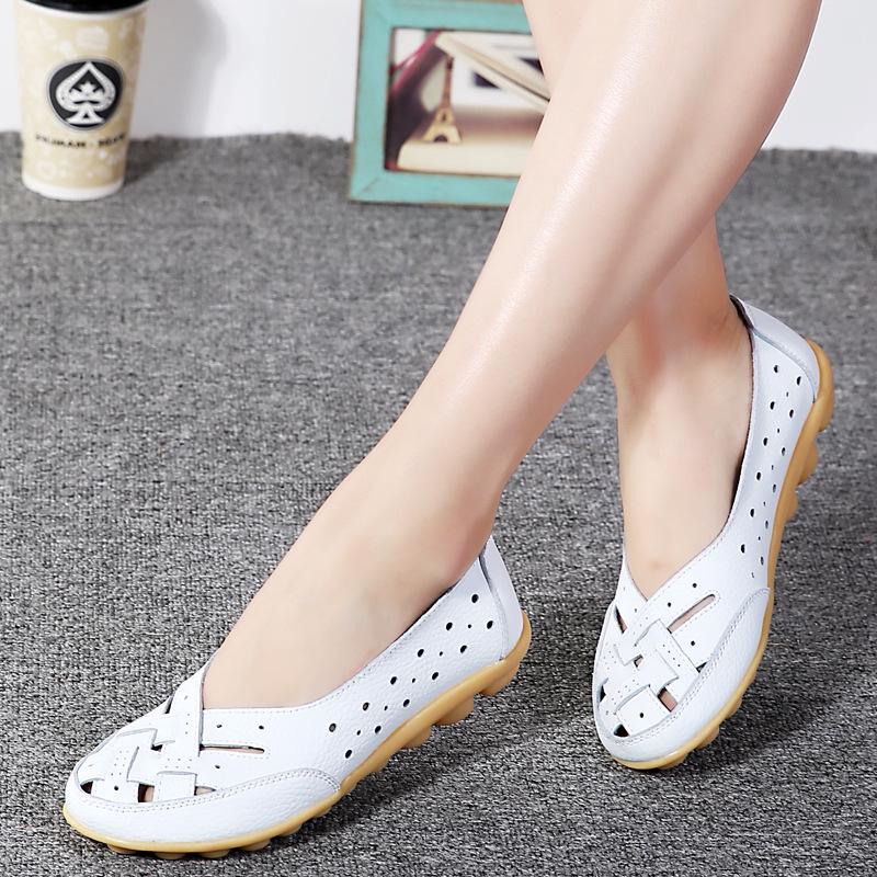 Women's Hollow Out PU Leather Shoes Breathable Shallow Mouth Loafers Casual Slip On Comfortable Walking Shoes