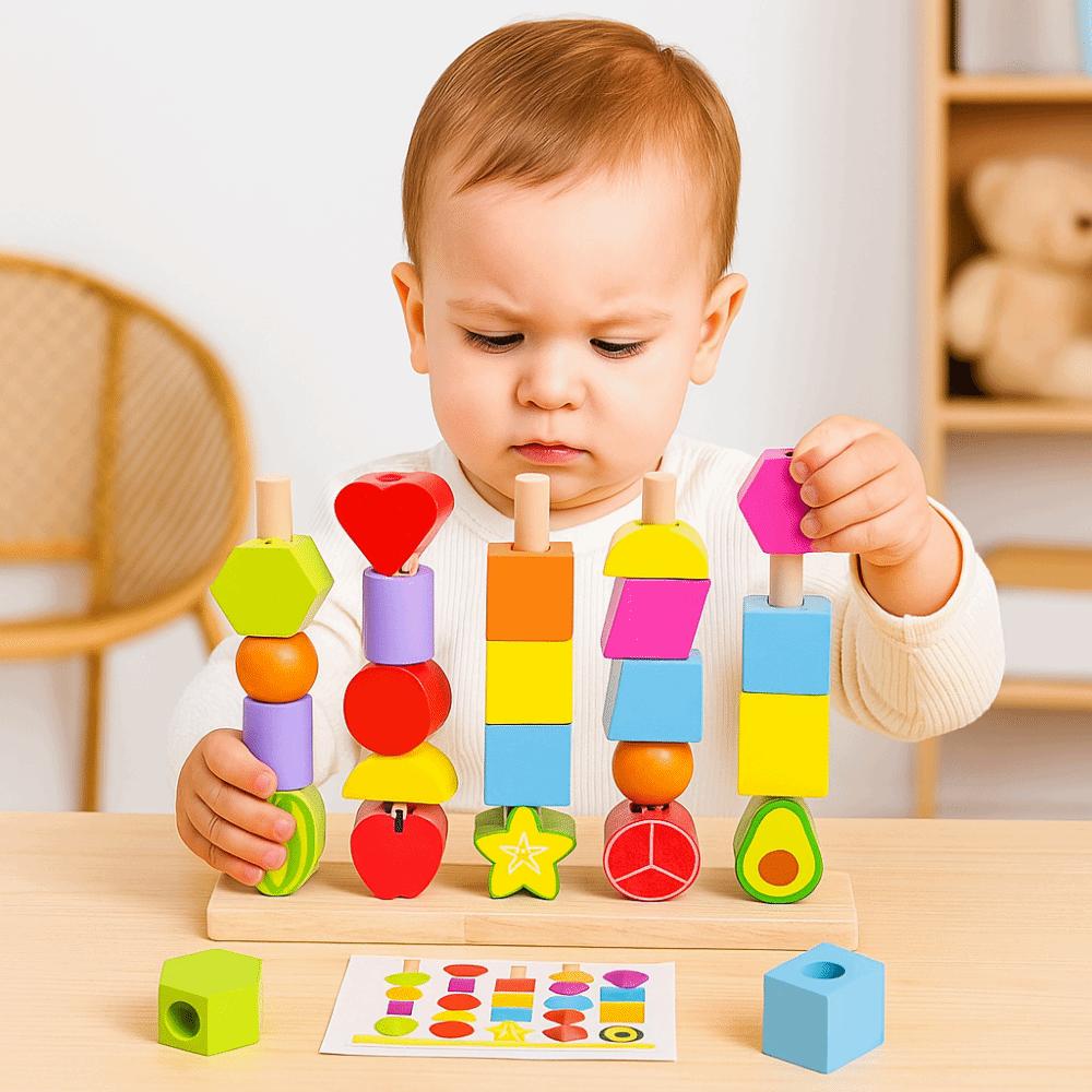Montessori Color Shape Cognition Toys Fruit Color Shape Wooden Beads Sequencing Toy Boys Girls