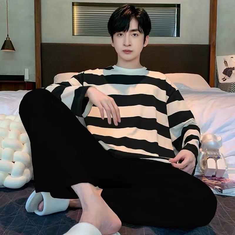 Весна и осень мужская пижама прическа подростковая с длинными рукавами свободная повседневная пижама домашняя одежда студенческий костюм большого размера