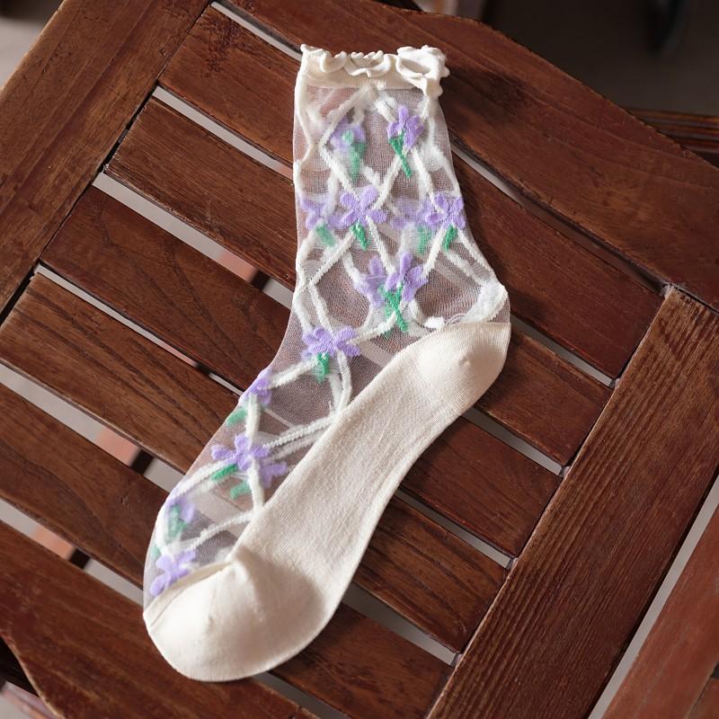 Summer Women Socks Ultra-thin Transparent Crystal Silk Socks Women Cartoon Print Japanese Kawaii Cute Funny Elastic Long Socks