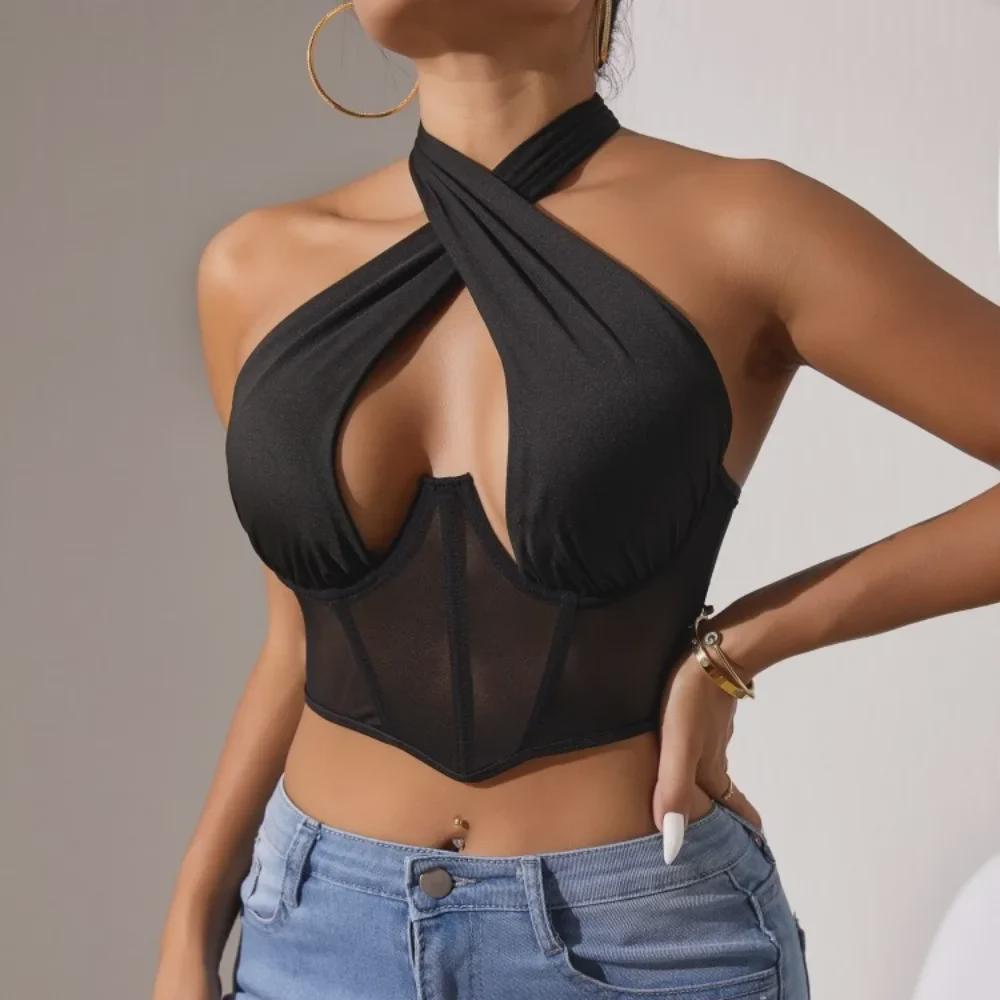 Жилет Cross-Border Mesh Lace-Up Halter Neck Backless с поддержкой Fishbone