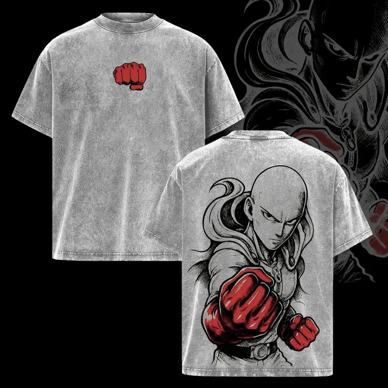 Saitama Print T-shirt One Punch Man Anime Clothing Men Short Sleeve Cotton Tshirts Vintage Washed Tee Harajuku Oversized T Shirt