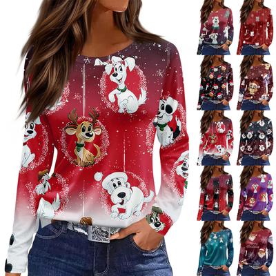 Женская модная повседневная футболка с разрезом по низу, круглым вырезом, длинными рукавами, свободного кроя, с рождественским принтом, женский топ