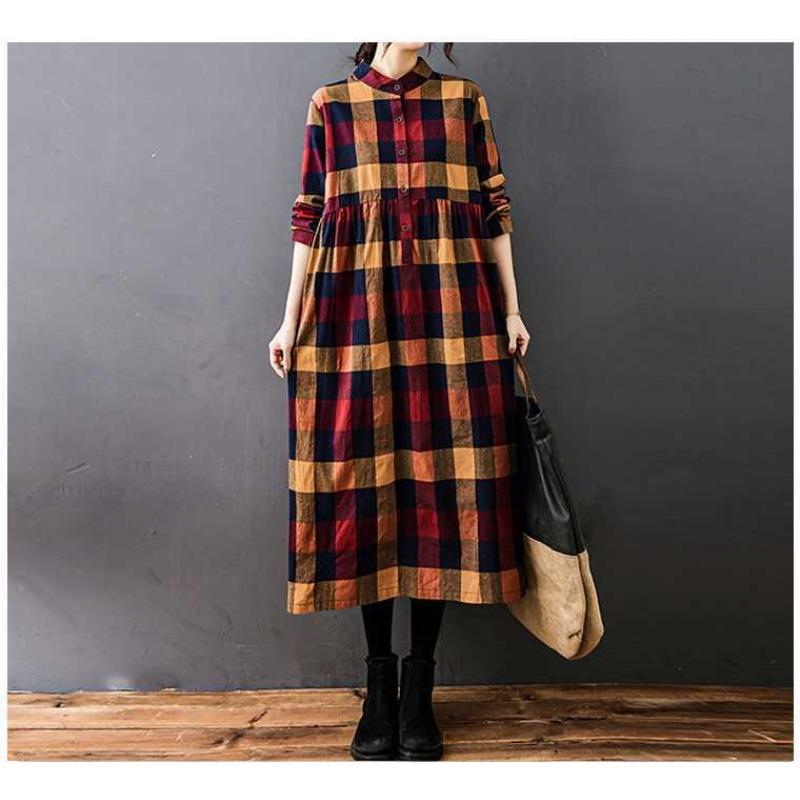 Women's Loose Spliced Cotton Linen Long Sleeved Dress