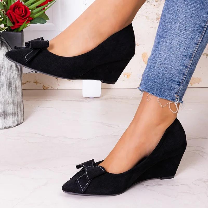 Fashion Women's Fashion Slope Heel Single Shoes Autumn New Pointed Head Shallow Mouth Butterfly Knot Non-slip Low Top Shoes