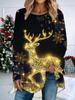 Plus Size Women Spring Christmas Reindeer Printed Comfy Long Sleeve Round Collar T-shirt Casual Baggy Mid Length Tee Tops