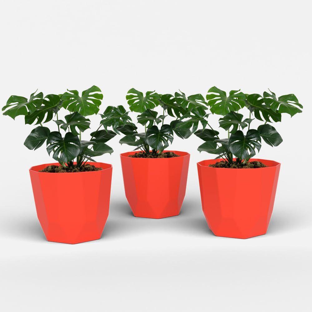 Гексагональный 6-дюймовый набор из 3 пластиковых цветочных горшков для домашнего декора, горшки для комнатных растений для гостиной, пластиковый цветочный горшок для сада (красный)