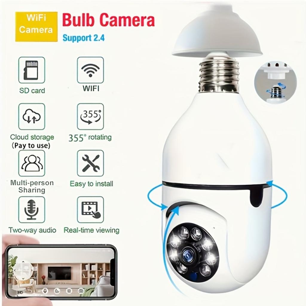 Bulb Security Camera with 360° Pan/Tilt, Two-Way Audio, Instant Video Streaming, Multi-Person Sharing, Cloud and SD Card Storage (not Included)