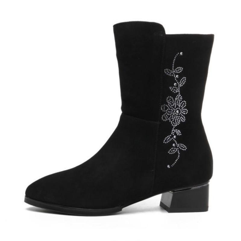 Модные полусапоги на среднем каблуке с флисовой подкладкой для женщин Зимние ботинки до середины икры со стразами Женские 2025 Новинка Y2k Косплей Новые Рок-ботинки