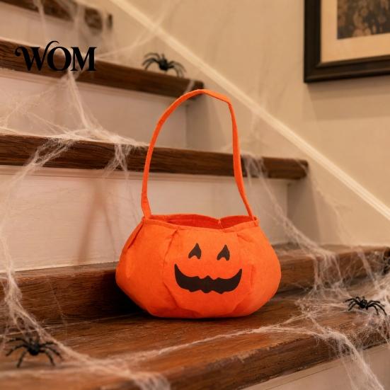 Flexible Hand Strap Bag Halloween Pumpkin Candy for Kids, Small Trick or Treat Bucket, Party Favor Soft Face Basket with Handle Decoration Stiff Tote