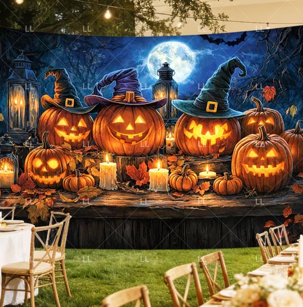 Neon pumpkin-themed party decoration for Halloween, backdrop with bat, spider, cute ghost, background-pl1632
