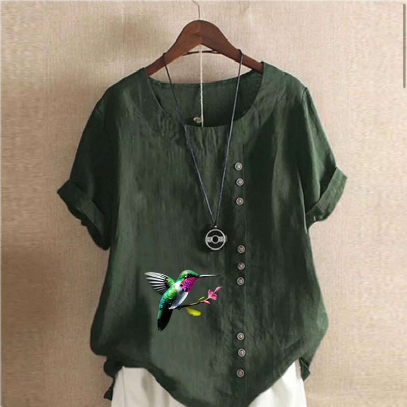 Women's Fashion Round Neck Short Sleeve T-shirt Casual Cotton Linen Graphic Shirt Bird Prined Summer Blouse Tops Plus Size