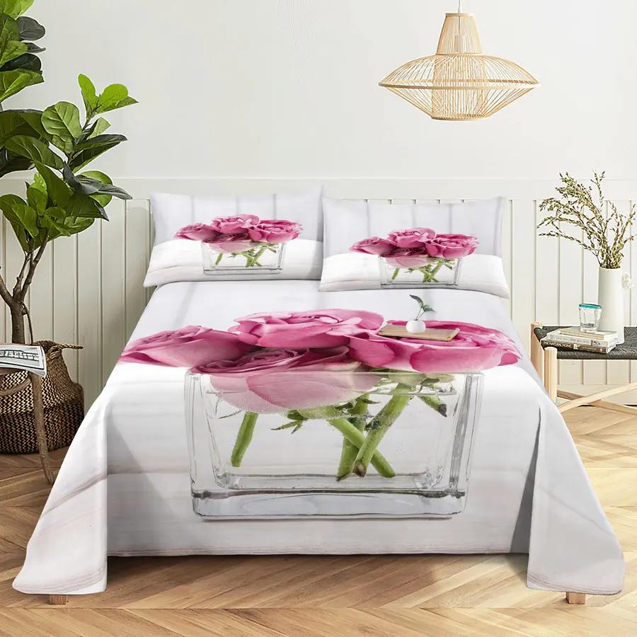 Pink Floral Bed Sheet Set Pillowcase Bedding Linens Cover Flower Queen King Twin Full Size for Single Double Bed Soft Thin