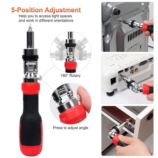 Ratchet Screwdriver with Non-Slip Handle High Strength 180-Degree Pivoting Adjustable Angle 13-in-1 Multi-functional Screwdriver