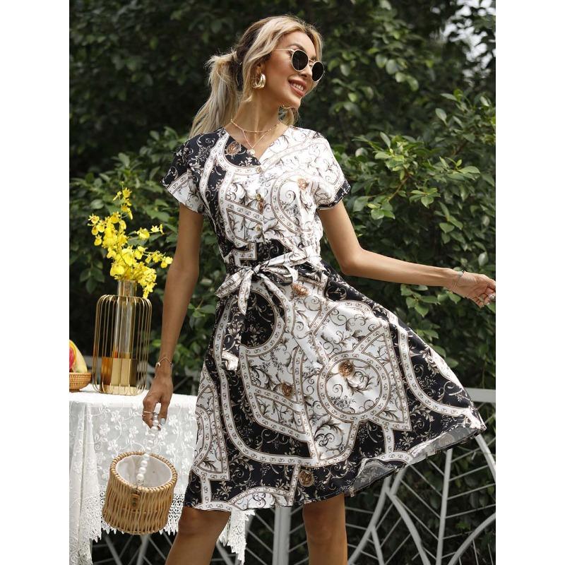 Женское летнее платье с принтом и шнуровкой, с короткими рукавами