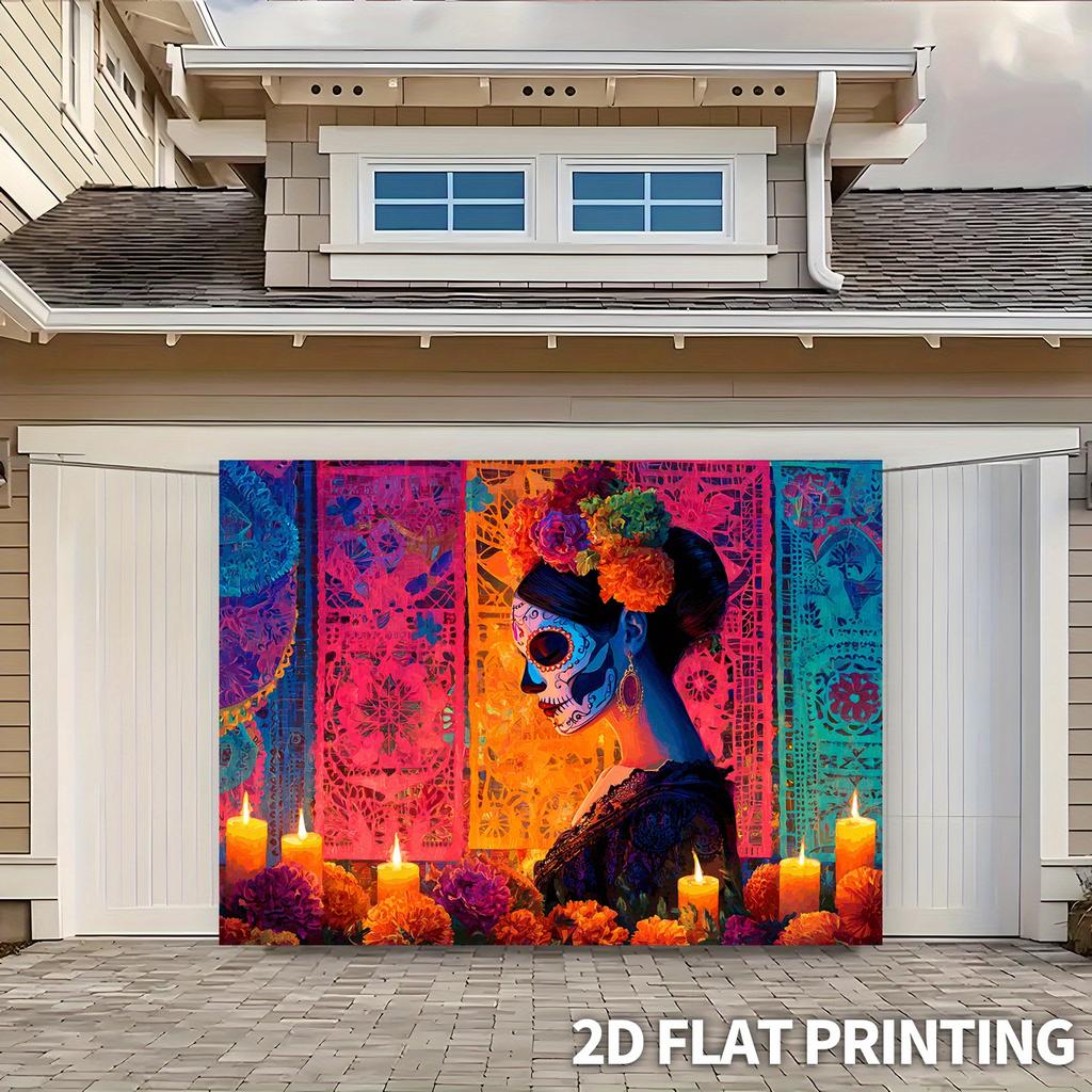 1pc Oversized Dia de los Muertos banner - Background with Sugar Skull woman, Halloween Grand Party decoration