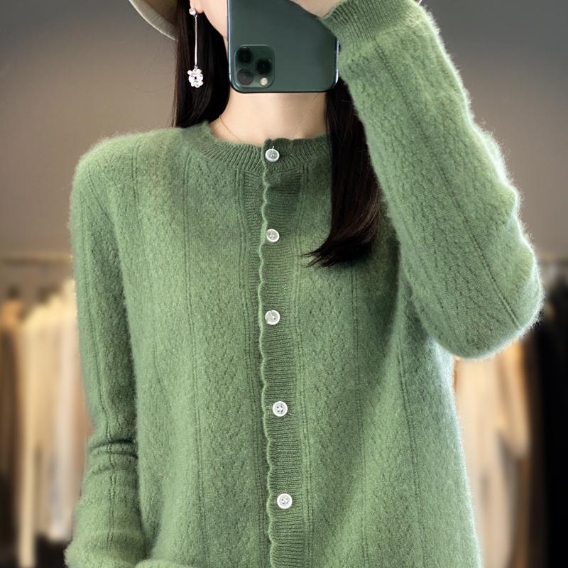 Women's Round Neck Cashmere Cardigan, Qinghe Cashmere, 30% Cashmere 70% Wool, Winter Knitted Pullover Autumn Sweater Cashmere Sweater