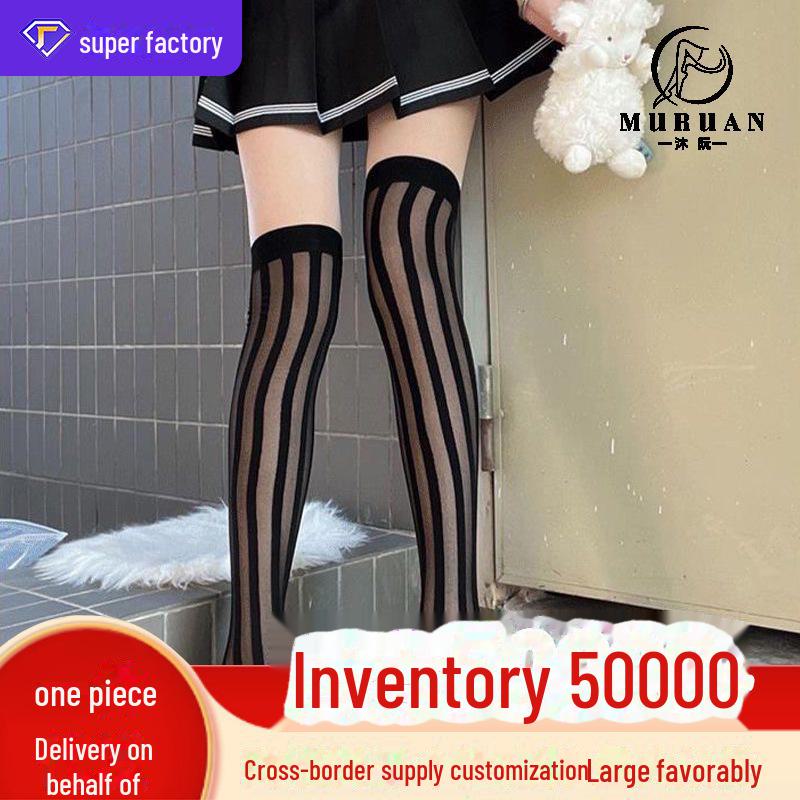 Японские носки JK Black Silk Jacquard Thigh Socks с темными вертикальными полосками