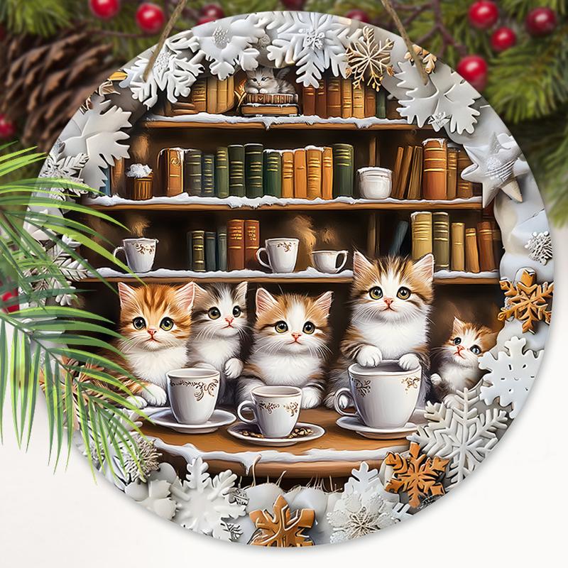 2D Flat Hanging Decorative Signs,interior Wall or Door Decoration,garden Dec,the Pattern Is Bookshelf and Cute Kitten,a Housewarming Gift for Friends