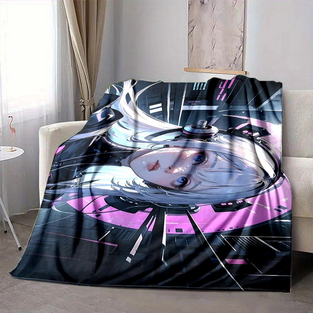1Pc Cyberpunk Future Girl Flannel Blanket, Soft And Comfortable, Casual Warm, Camping Travel, Christmas, Halloween Xmas Gift S1236