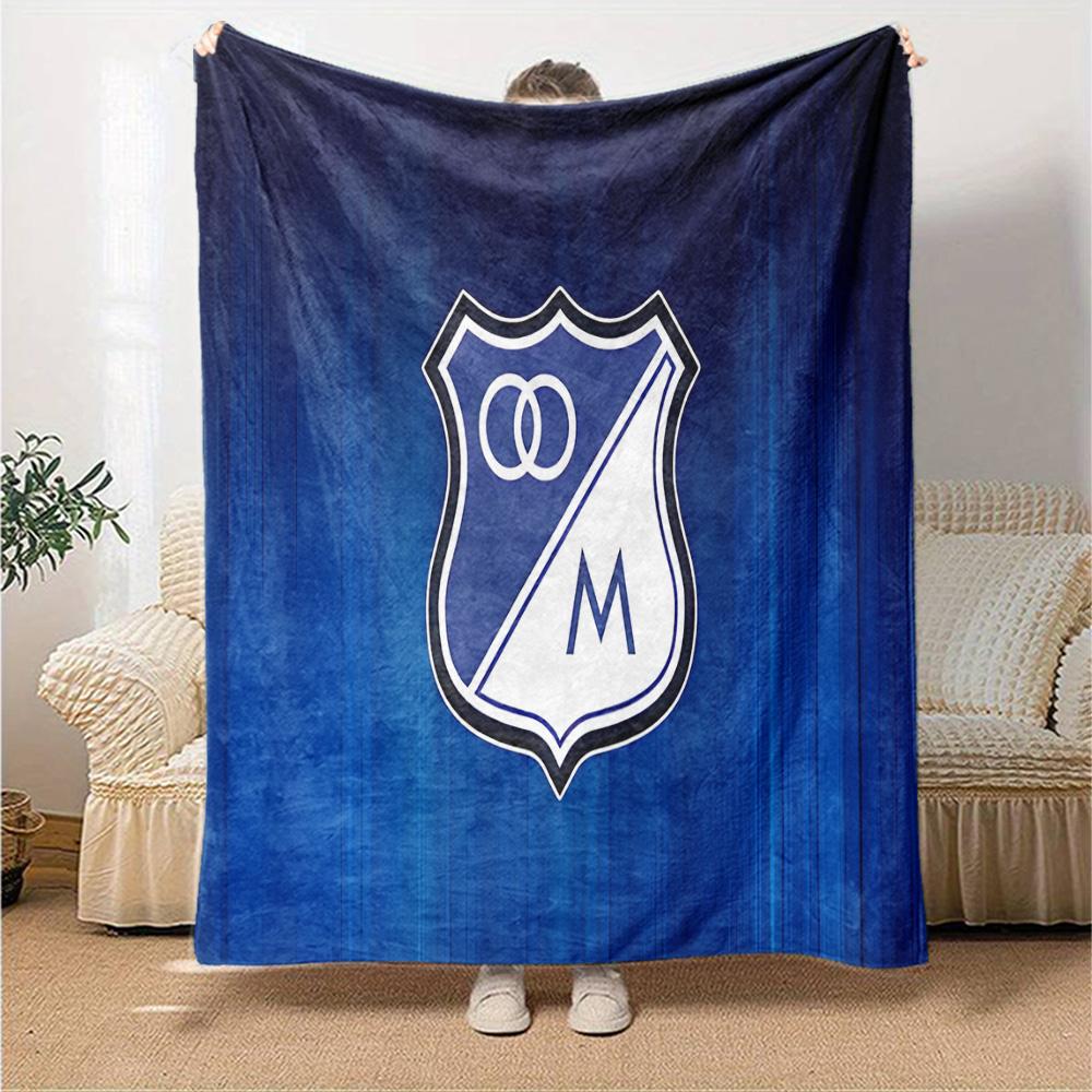 Blue And White Shield Millonarios Flannel Blanket, Soft Polyester, Modern Design, All-Season for Camping, Travel, Gifts for holidays or birthdays